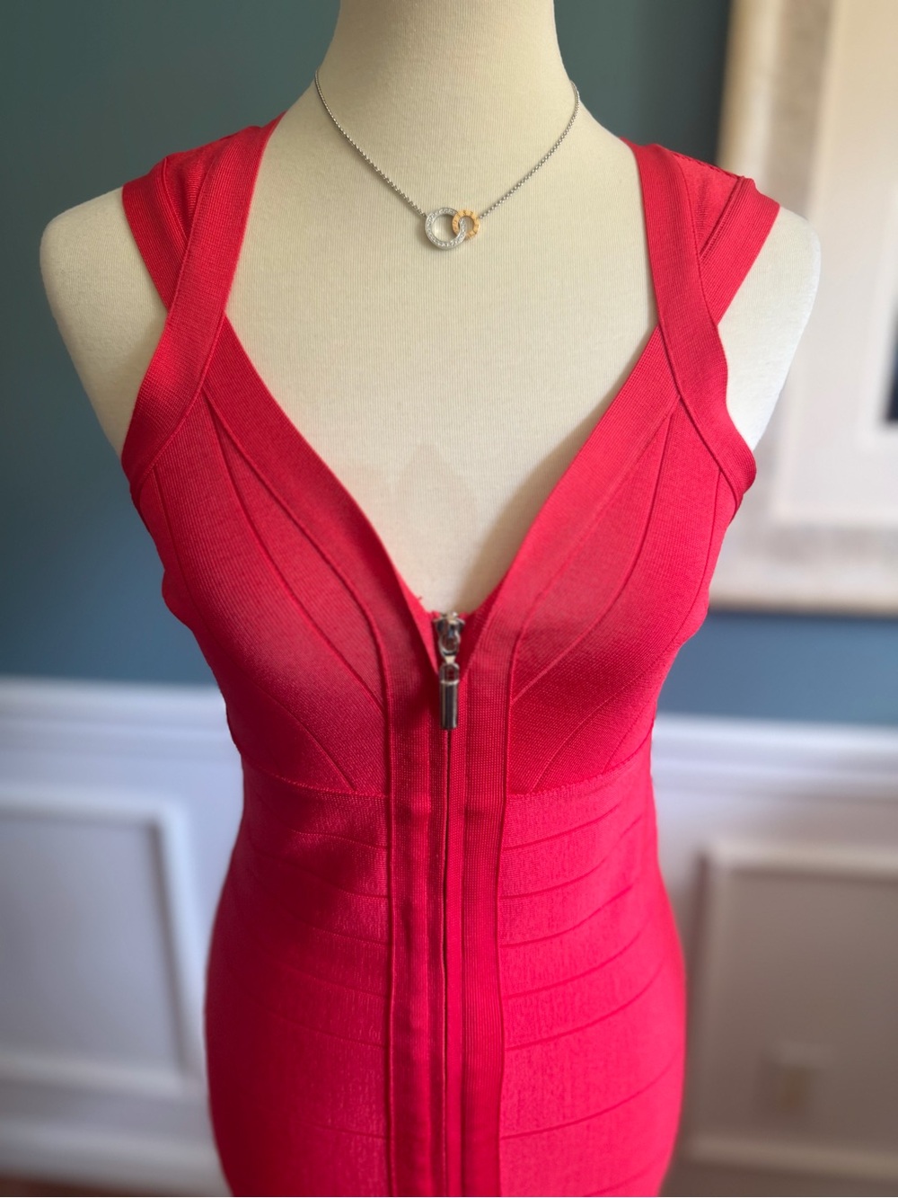 Bebe Fitted Zip-Front Red Bandage Dress
